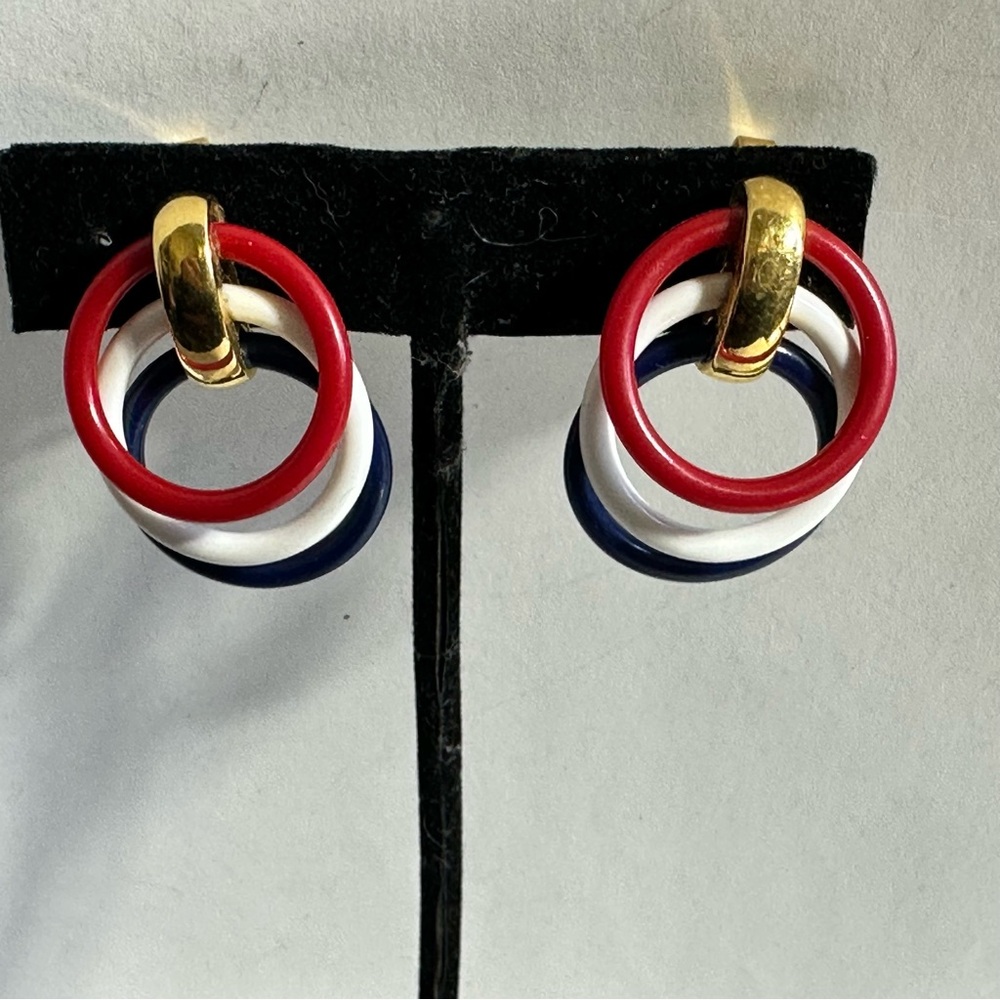 Vintage Crown Trifari Clip On Earrings Red White Blue Lucite Hoops & Gold Tone